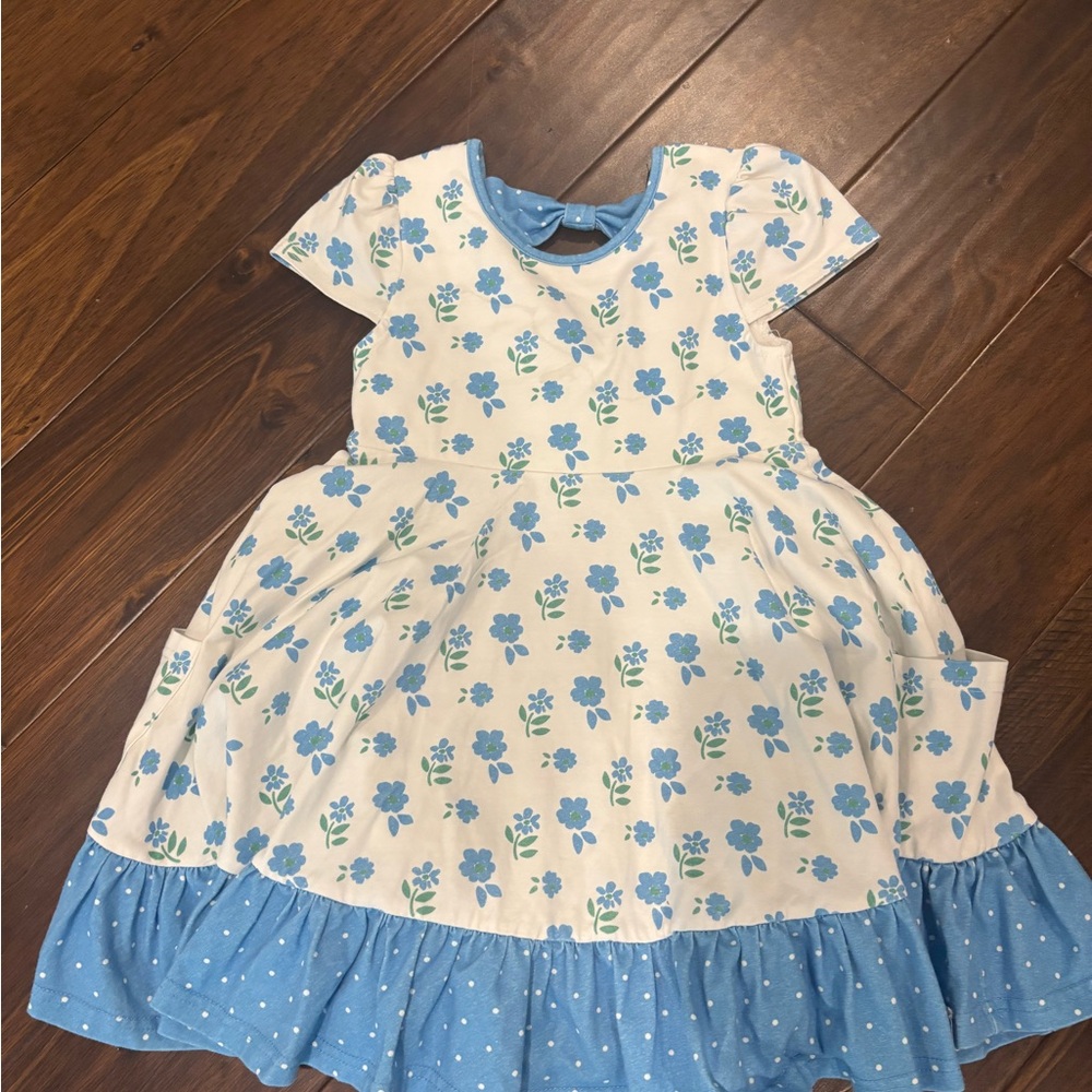 SweetHoney White and Blue Floral Dress with Polka Dot Ruffle
